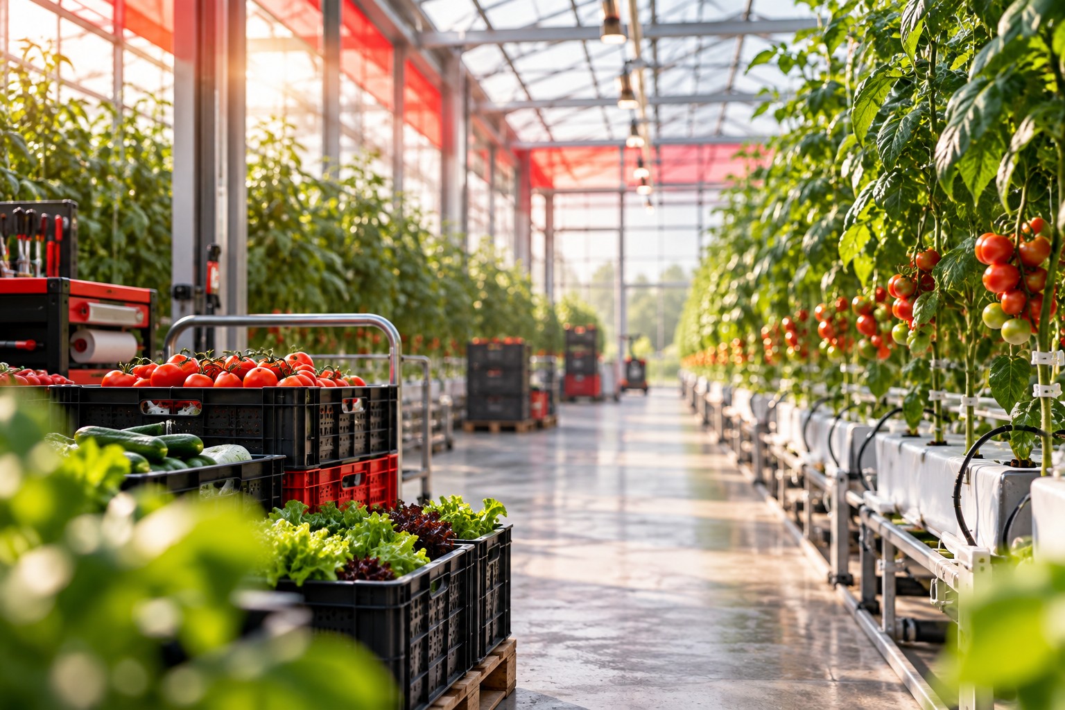 Illustratie van een serre, plantenrijen en landbouwvelden zonder personen