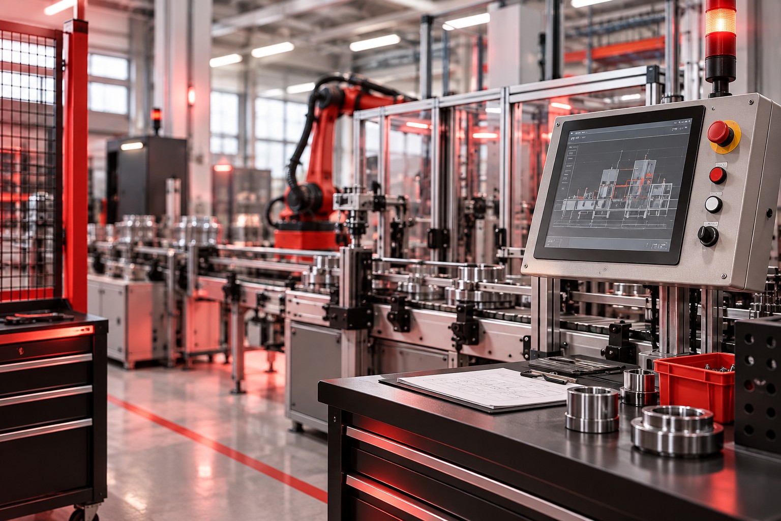 Illustratie van een industrieel bedieningspaneel en tandwielen zonder personen